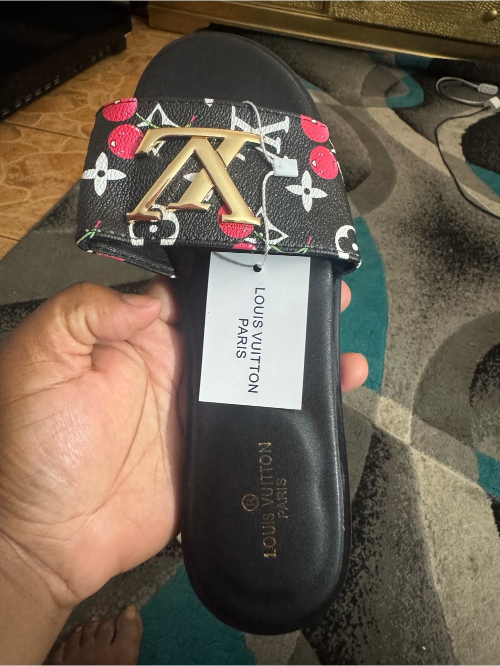 Louis Vuitton Black Monogram Cherry Slide Sandals with Gold LV Buckle